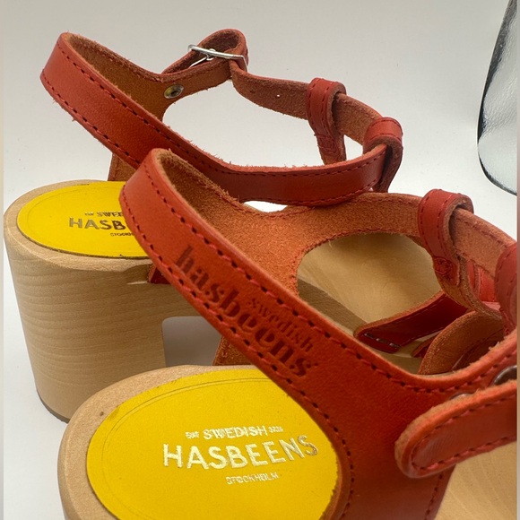 Swedish Hasbeens Red Leather Wooden Platform Sandals T-Strap Chunky Block Heel - Picture 8 of 16